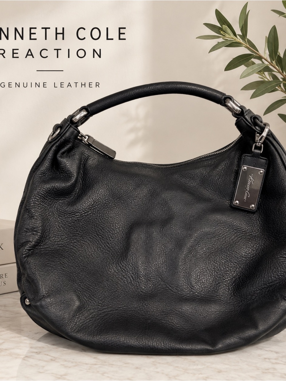 Kenneth Cole Reaction Black Pebbled Leather Shoulder Hobo